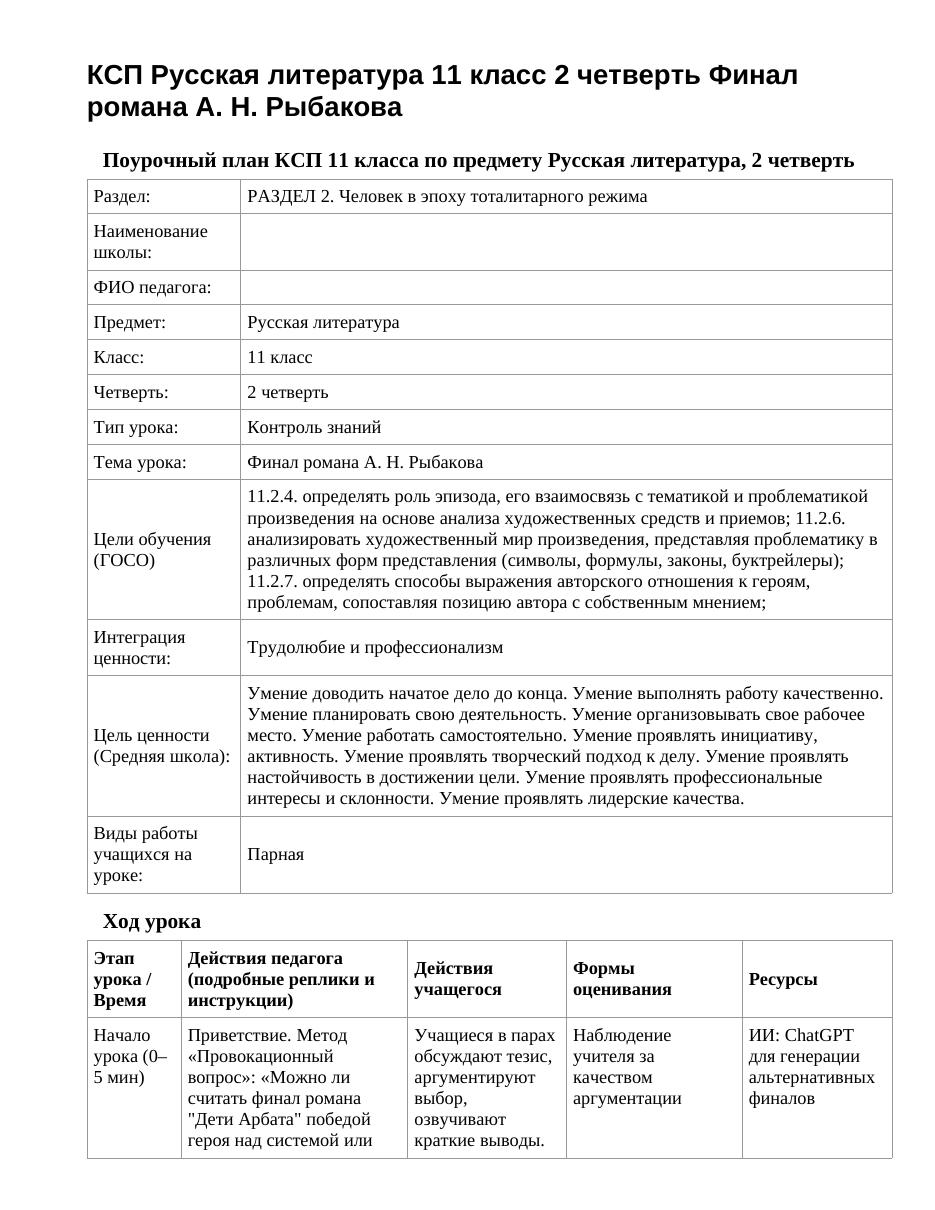КСП Русская литература 11 класс 2 четверть Финал романа А. Н. Рыбакова