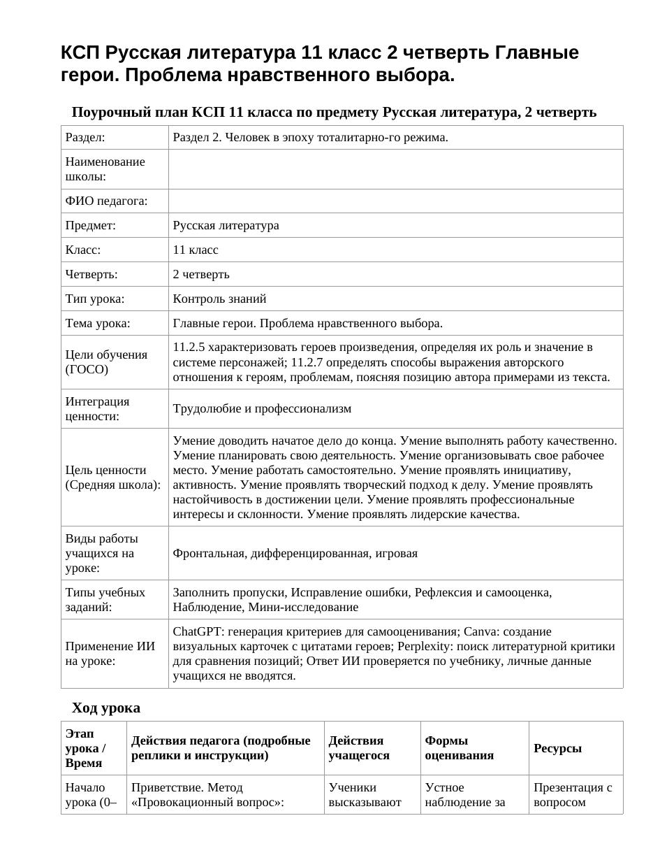 КСП Русская литература 11 класс 2 четверть Главные герои. Проблема нравственного выбора.