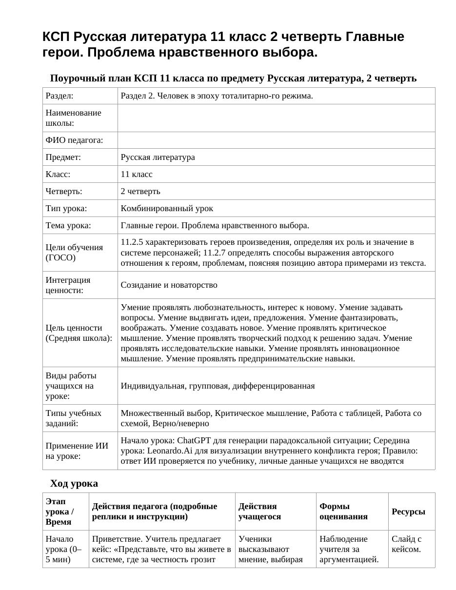 КСП Русская литература 11 класс 2 четверть Главные герои. Проблема нравственного выбора.
