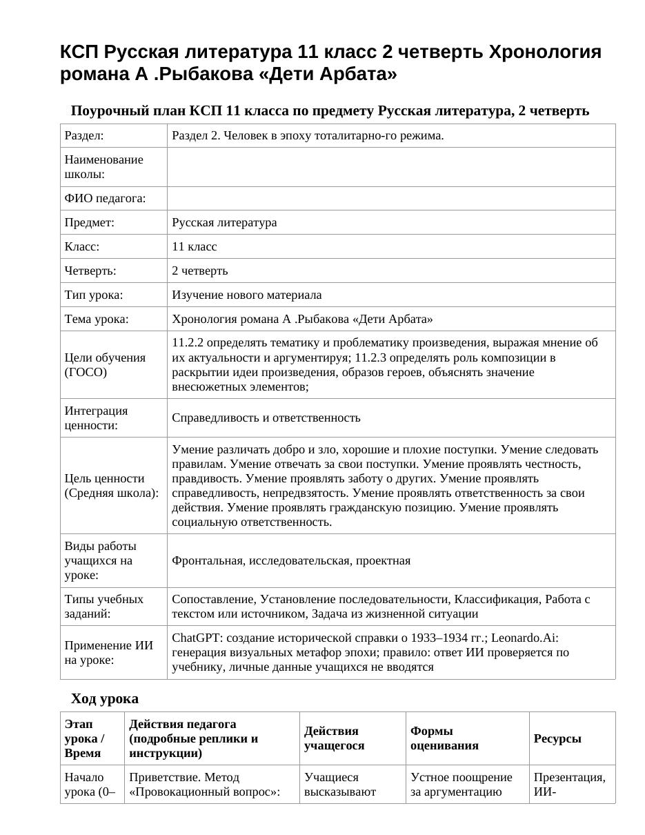 КСП Русская литература 11 класс 2 четверть Хронология романа А .Рыбакова «Дети Арбата»