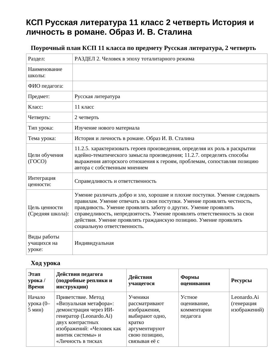КСП Русская литература 11 класс 2 четверть История и личность в романе. Образ И. В. Сталина