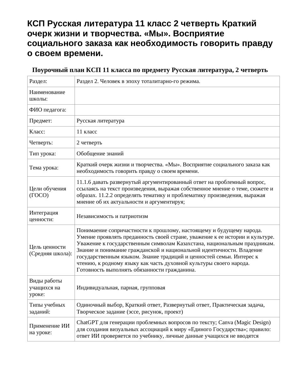 КСП Русская литература 11 класс 2 четверть Краткий очерк жизни и творчества. «Мы». Восприятие социального заказа как необходимость говорить правду о своем времени.
