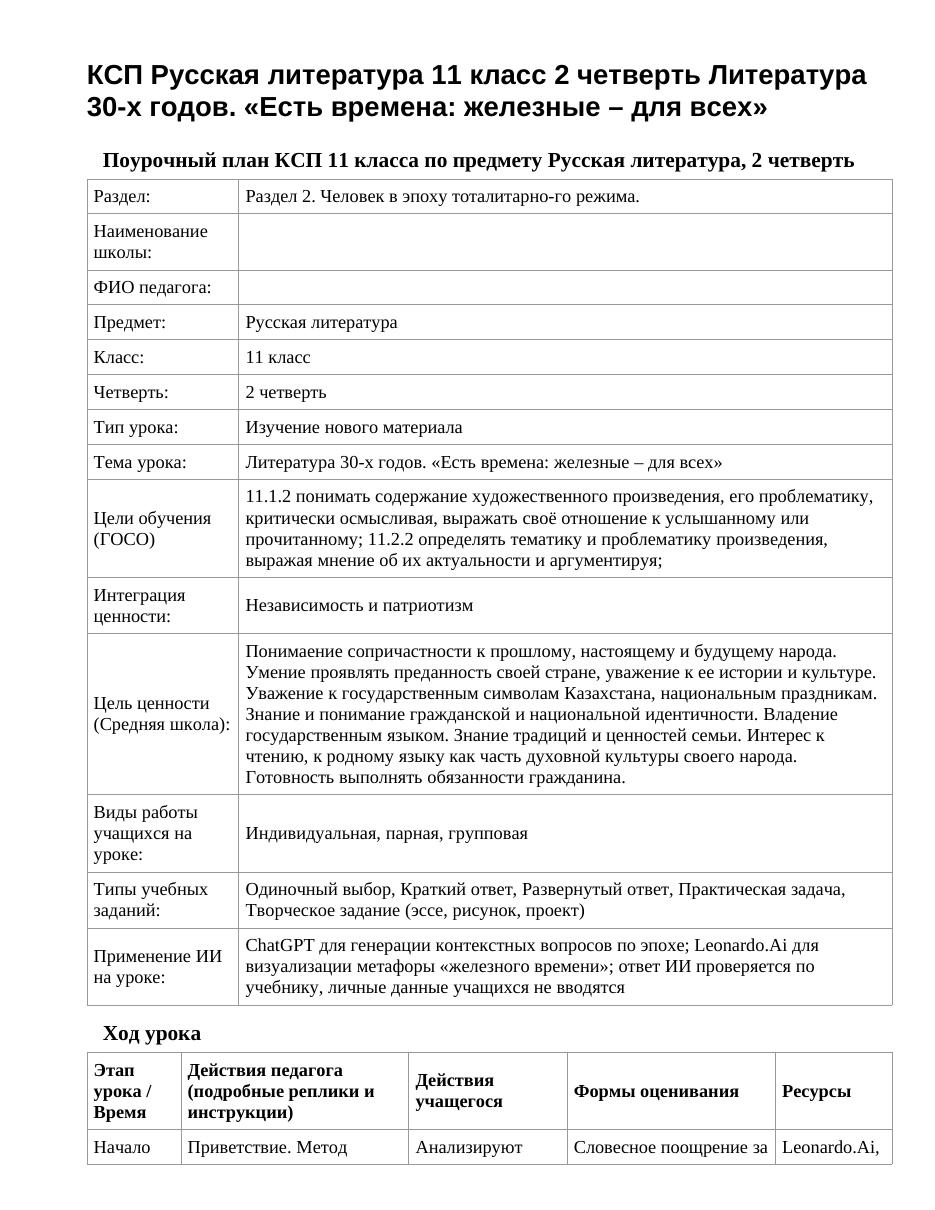 КСП Русская литература 11 класс 2 четверть Литература 30-х годов. «Есть времена: железные – для всех»
