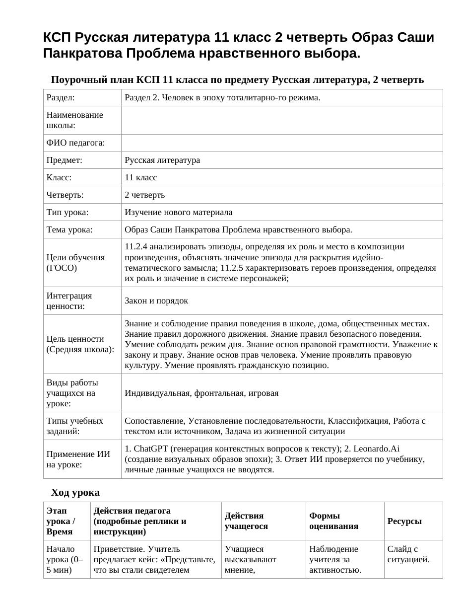 КСП Русская литература 11 класс 2 четверть Образ Саши Панкратова Проблема нравственного выбора.
