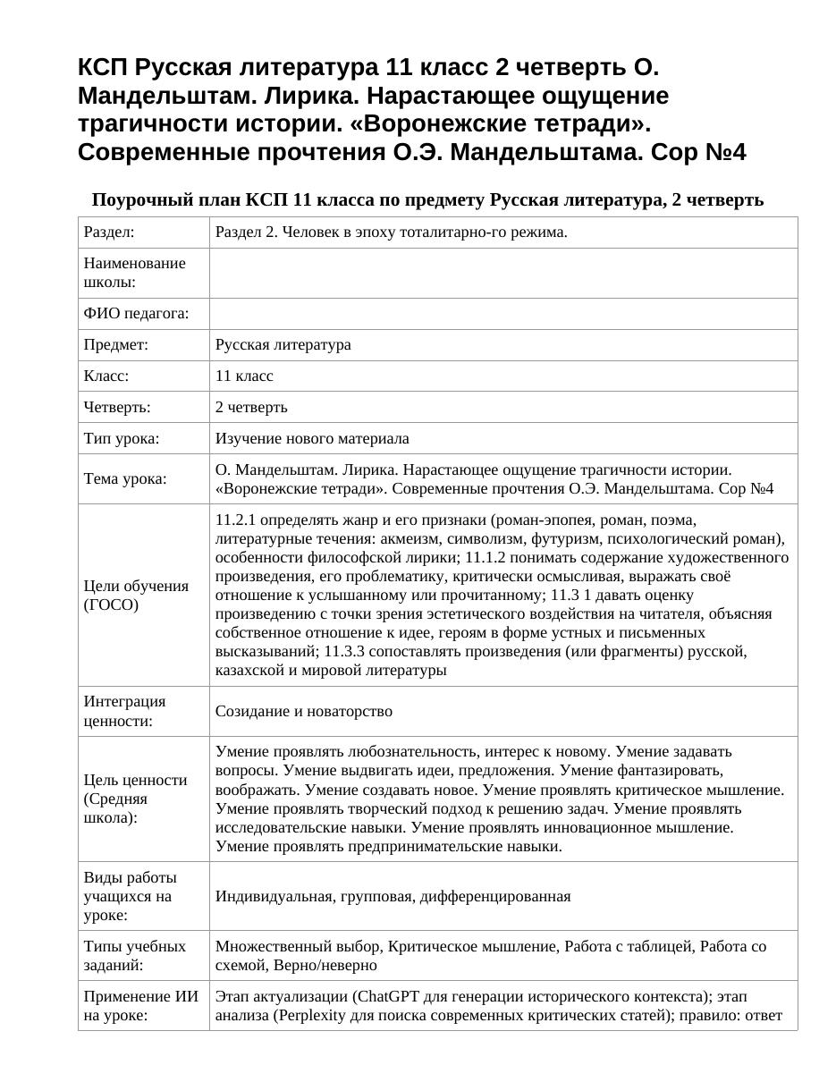 КСП Русская литература 11 класс 2 четверть О. Мандельштам. Лирика. Нарастающее ощущение трагичности истории. «Воронежские тетради». Современные прочтения О.Э. Мандельштама. Сор №4