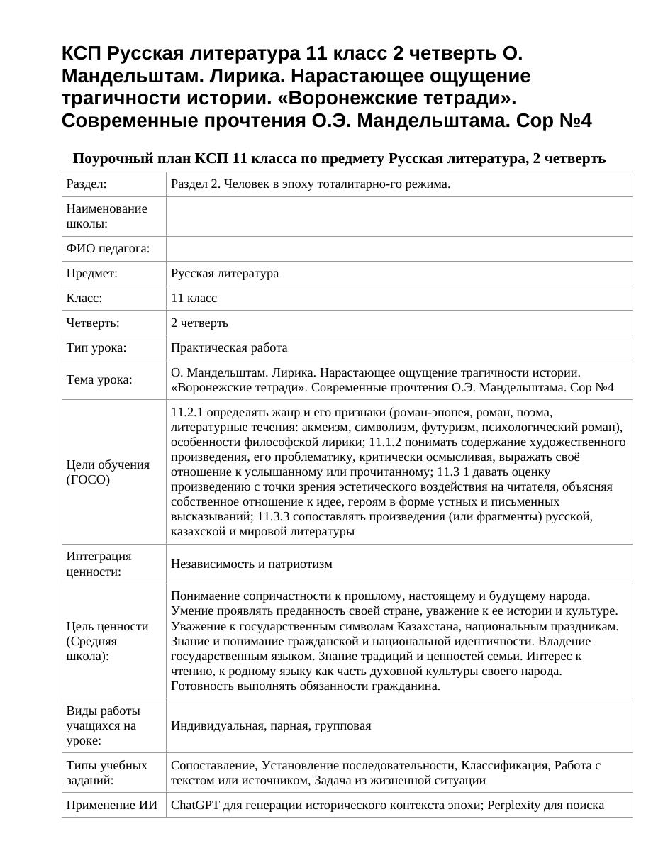 КСП Русская литература 11 класс 2 четверть О. Мандельштам. Лирика. Нарастающее ощущение трагичности истории. «Воронежские тетради». Современные прочтения О.Э. Мандельштама. Сор №4