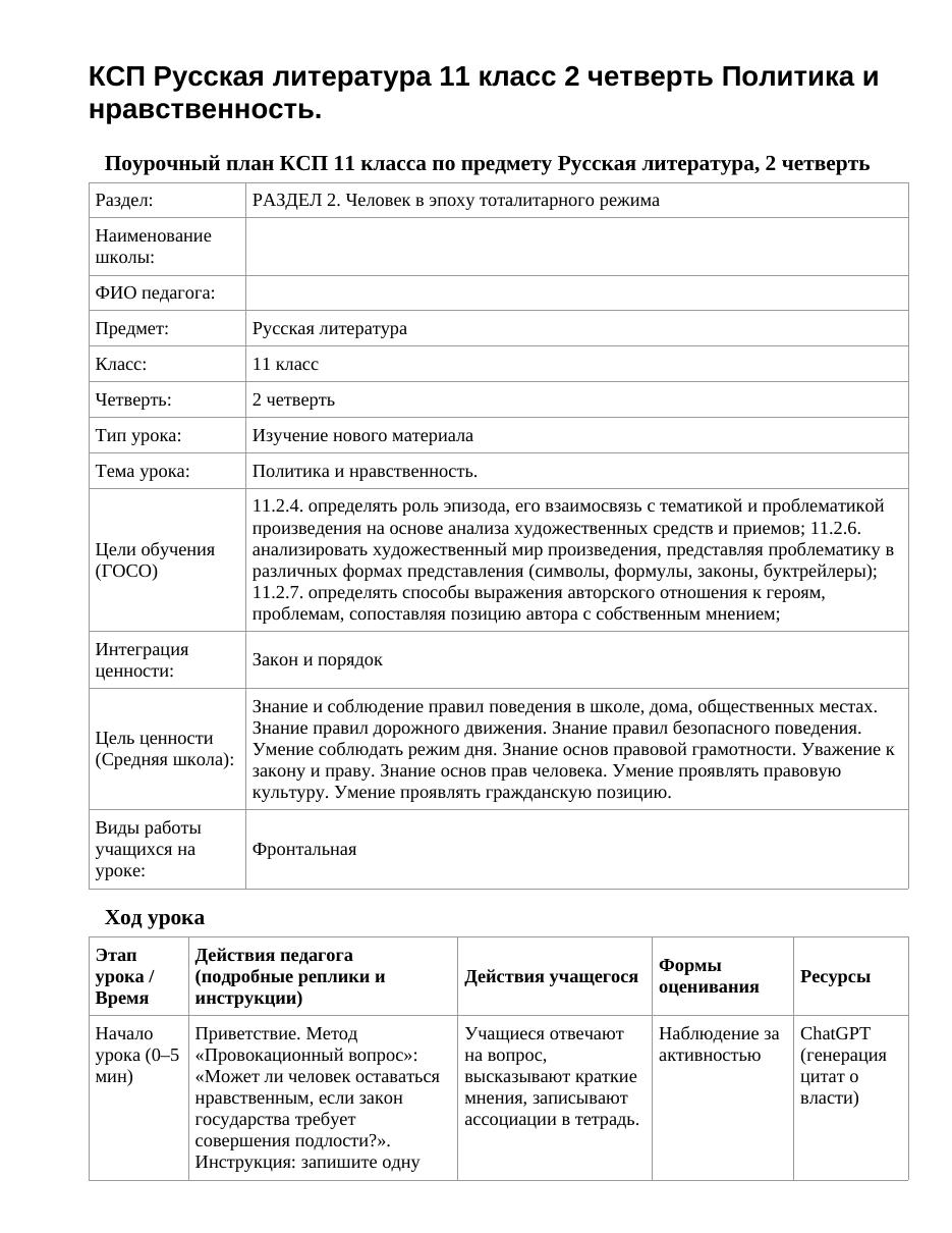 КСП Русская литература 11 класс 2 четверть Политика и нравственность.