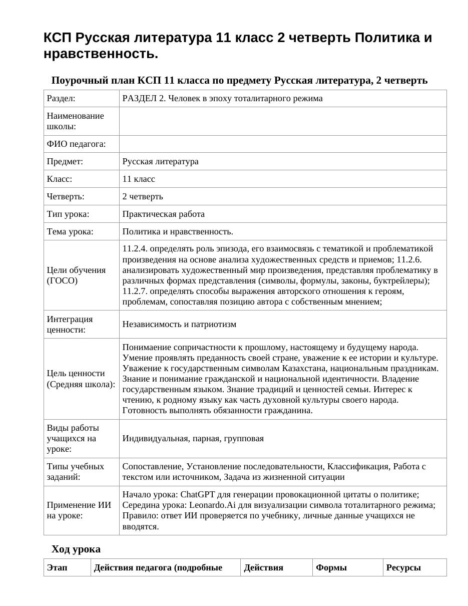 КСП Русская литература 11 класс 2 четверть Политика и нравственность.