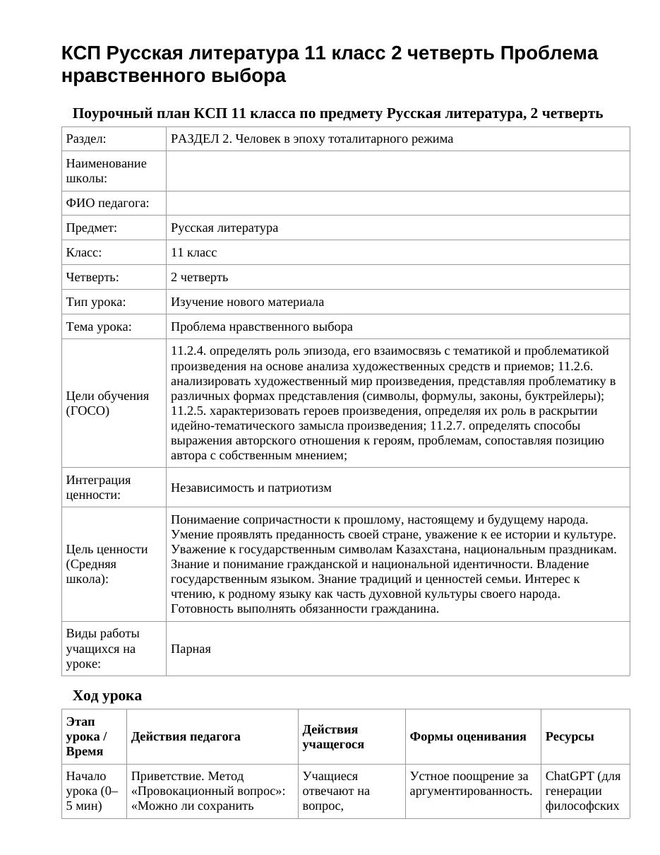 КСП Русская литература 11 класс 2 четверть Проблема нравственного выбора