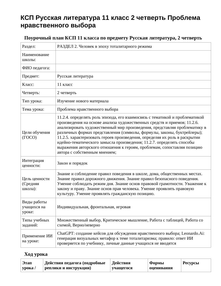 КСП Русская литература 11 класс 2 четверть Проблема нравственного выбора