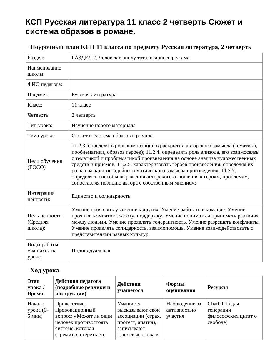 КСП Русская литература 11 класс 2 четверть Сюжет и система образов в романе.