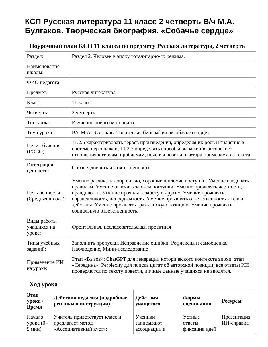 КСП Русская литература 11 класс 2 четверть В/ч М.А. Булгаков. Творческая биография. «Собачье сердце»