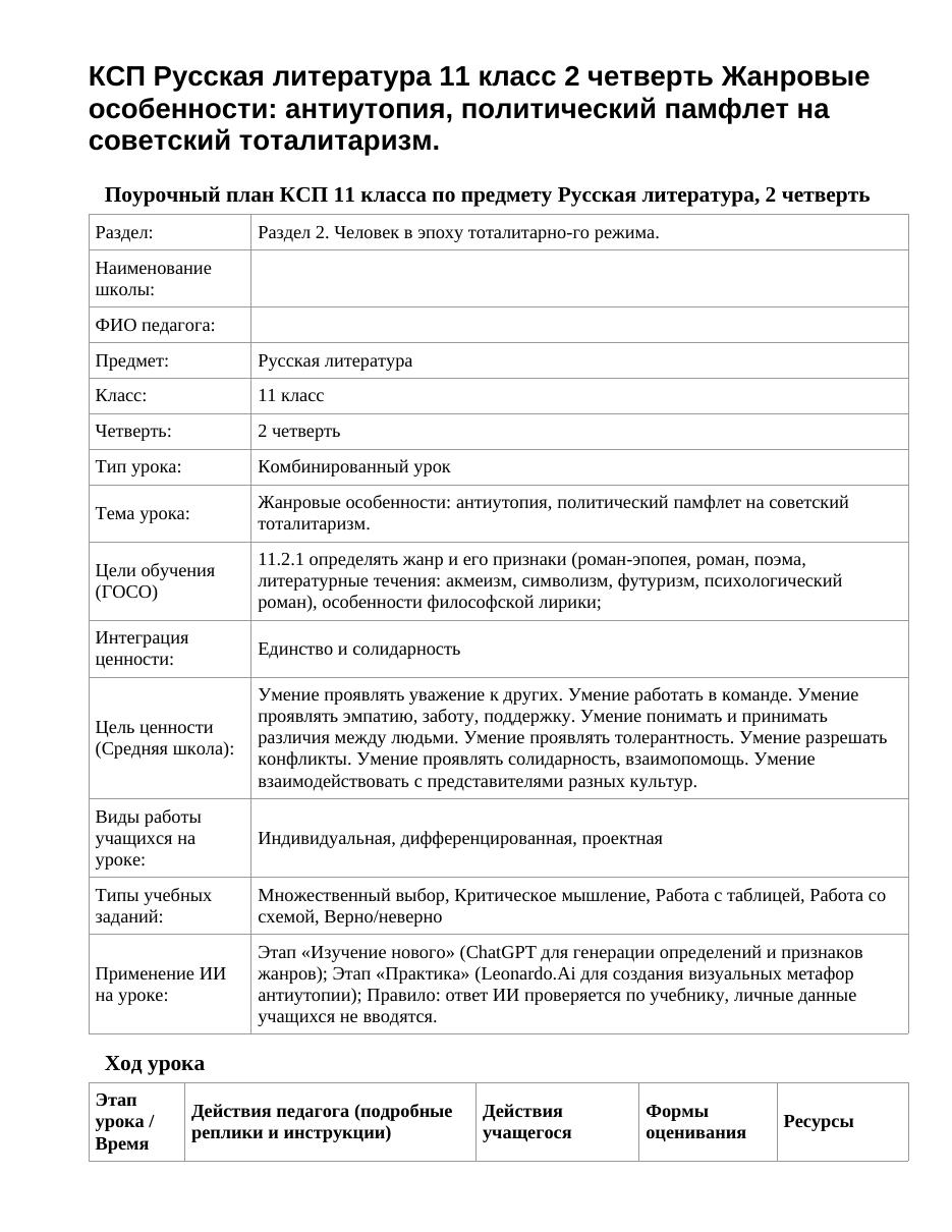 КСП Русская литература 11 класс 2 четверть Жанровые особенности: антиутопия, политический памфлет на советский тоталитаризм.