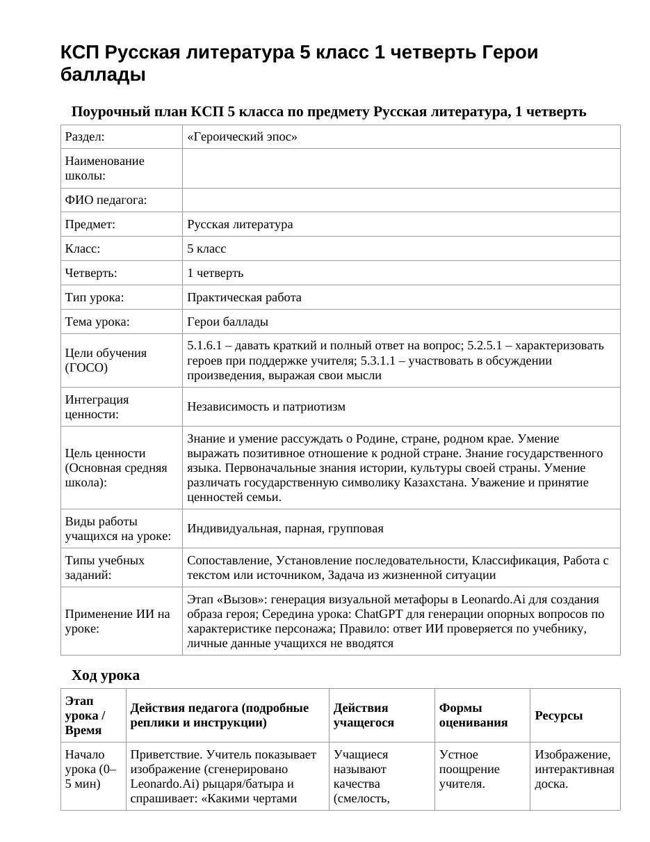 КСП Русская литература 5 класс 1 четверть Герои баллады