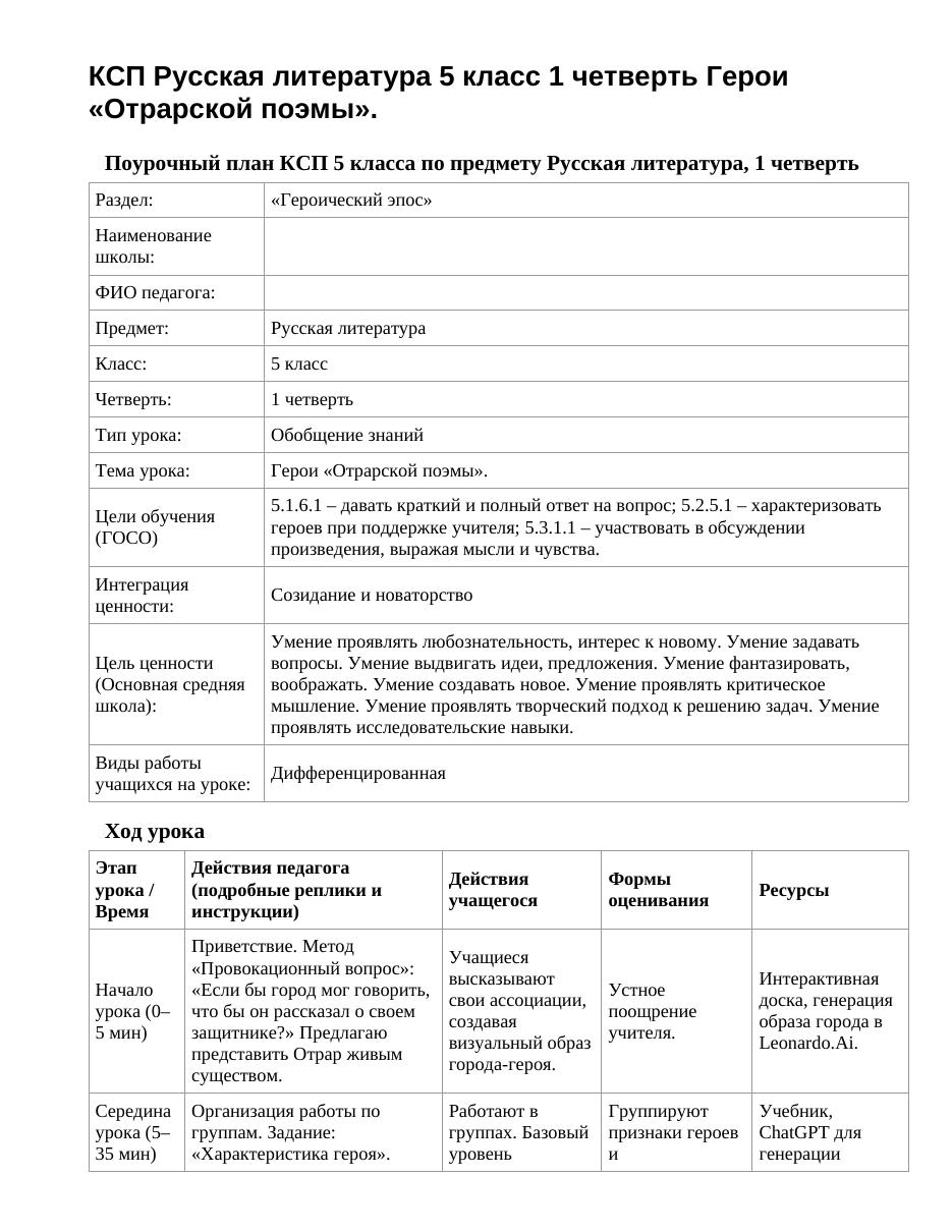 КСП Русская литература 5 класс 1 четверть Герои «Отрарской поэмы».