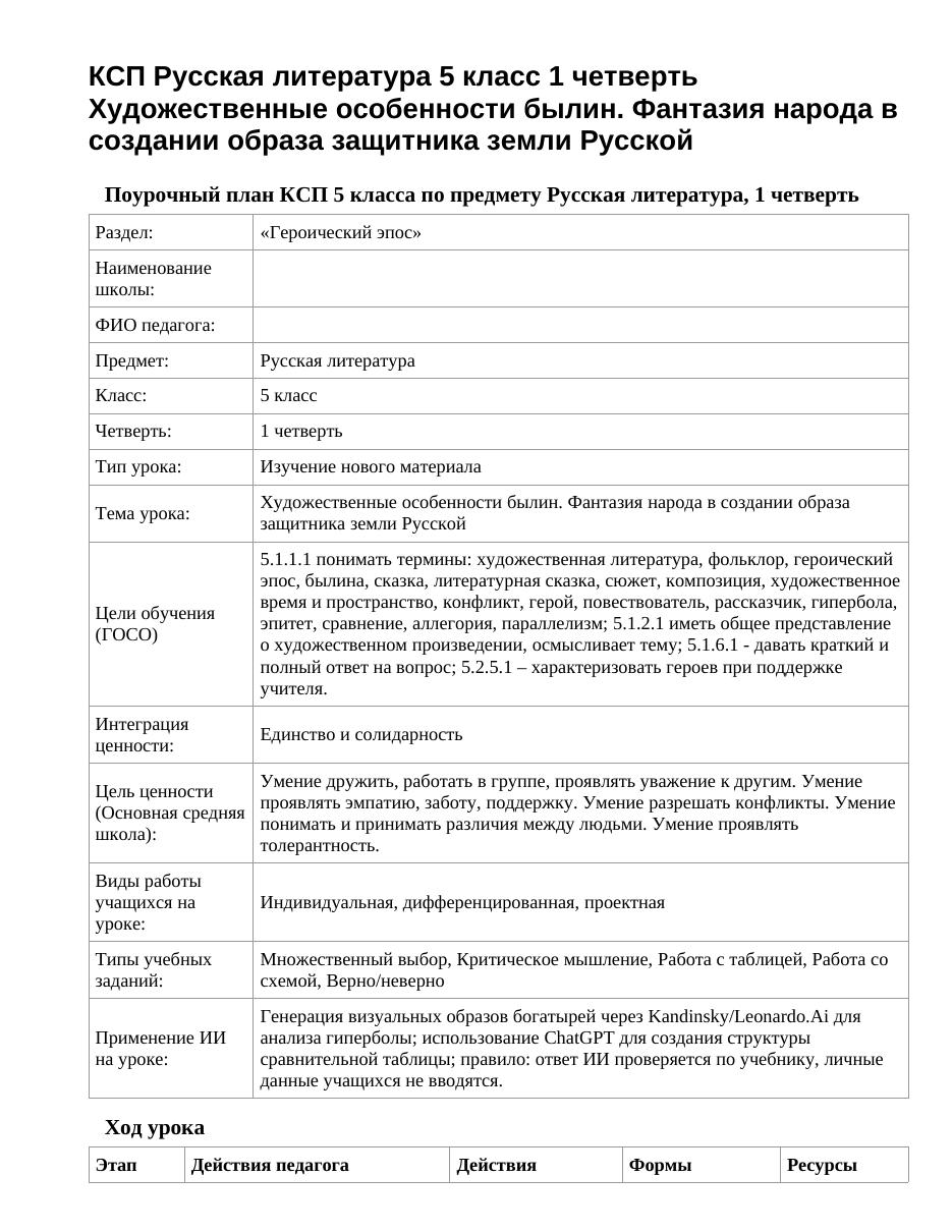 КСП Русская литература 5 класс 1 четверть Художественные особенности былин. Фантазия народа в создании образа защитника земли Русской