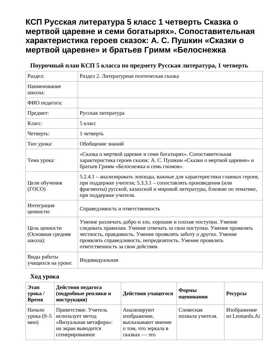 КСП Русская литература 5 класс 1 четверть Сказка о мертвой царевне и семи богатырях». Сопоставительная характеристика героев сказок: А. С. Пушкин «Сказки о мертвой царевне» и братьев Гримм «Белоснежка