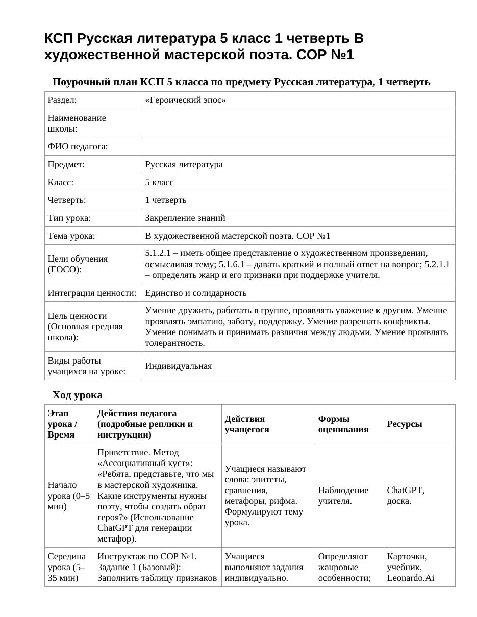 КСП Русская литература 5 класс 1 четверть В художественной мастерской поэта. СОР №1