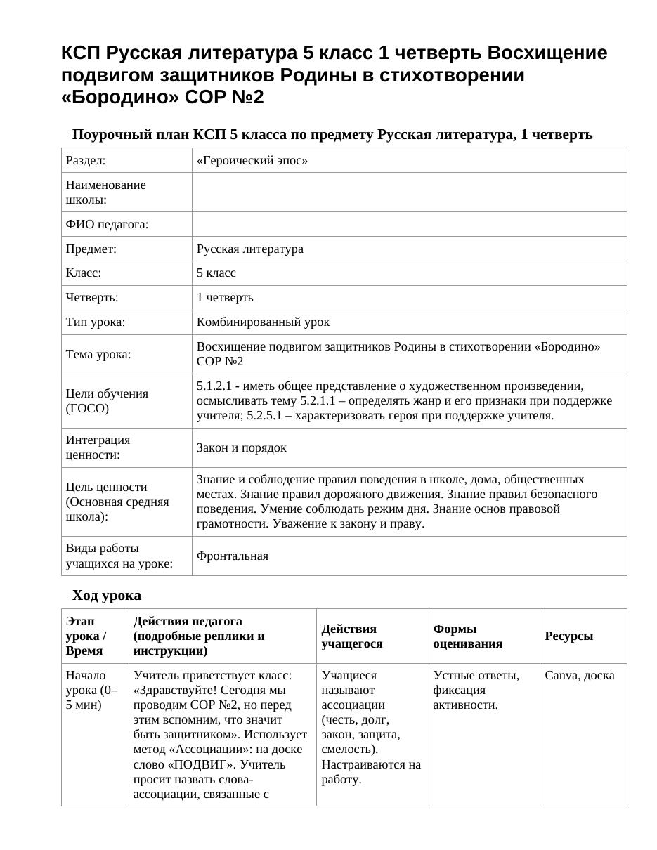 КСП Русская литература 5 класс 1 четверть Восхищение подвигом защитников Родины в стихотворении «Бородино» СОР №2