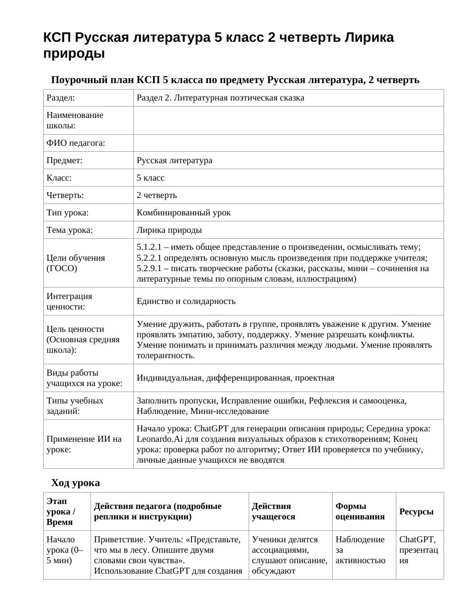 КСП Русская литература 5 класс 2 четверть Лирика природы