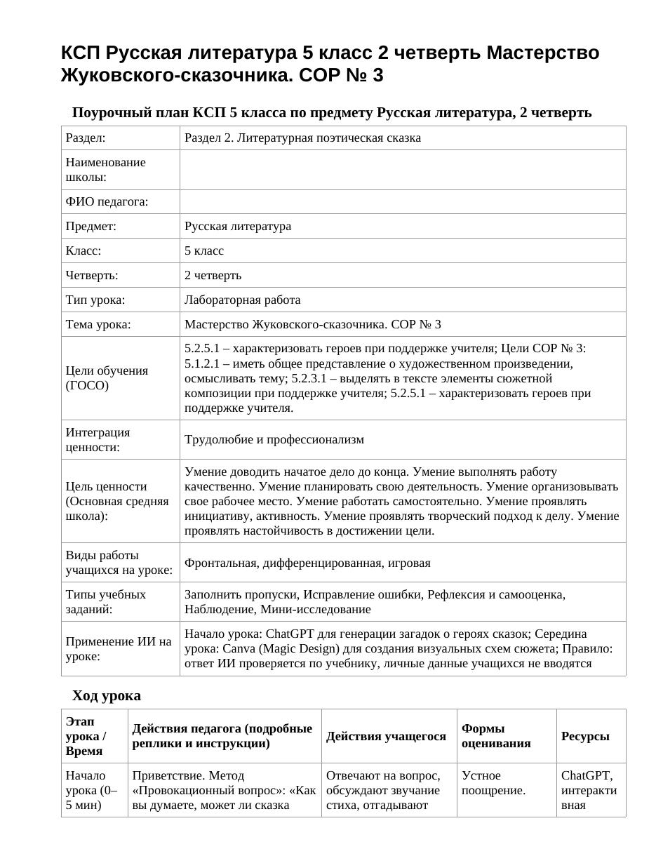КСП Русская литература 5 класс 2 четверть Мастерство Жуковского-сказочника. СОР № 3