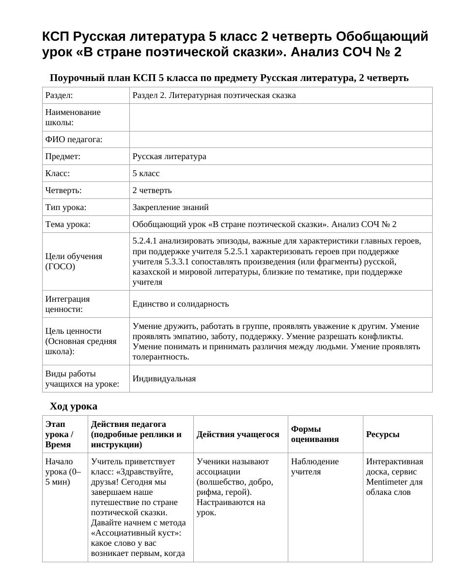 КСП Русская литература 5 класс 2 четверть Обобщающий урок «В стране поэтической сказки». Анализ СОЧ № 2