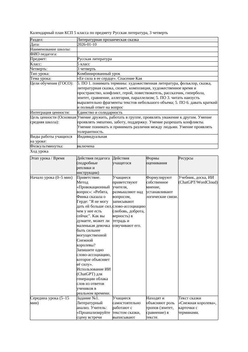 КСП Русская литература 5класс 3четверть Ее сила в ее сердце Спасение