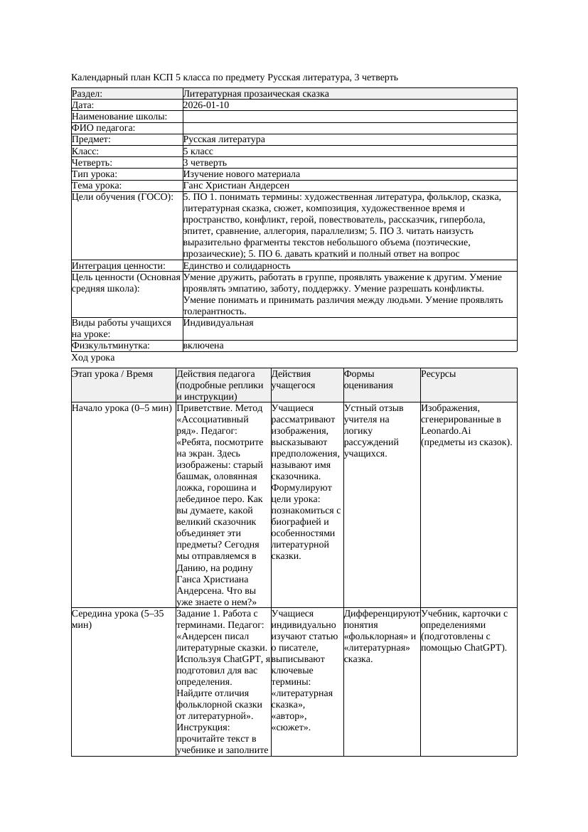 КСП Русская литература 5класс 3четверть Ганс Христиан Андерсен docx