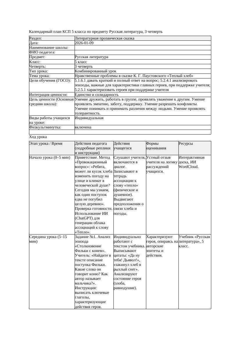 КСП Русская литература 5класс 3четверть Нравственные проблемы в
