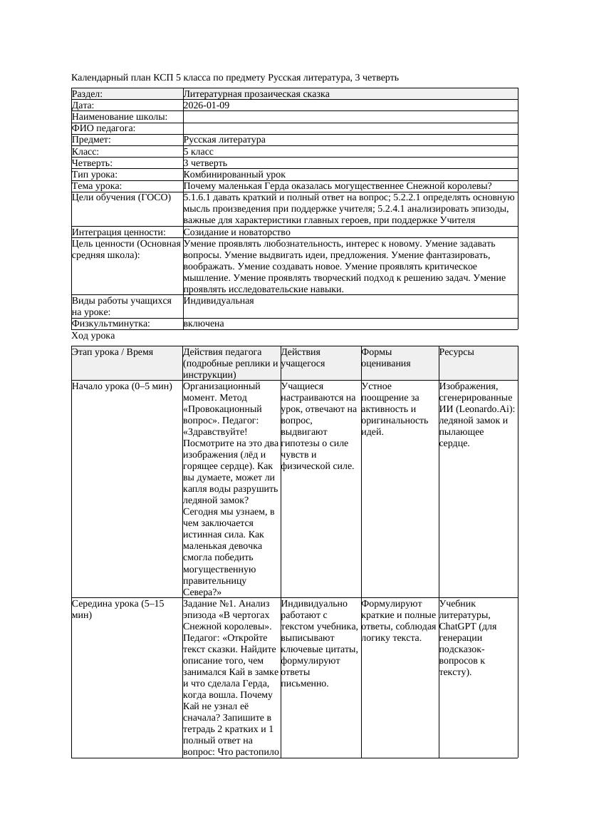 КСП Русская литература 5класс 3четверть Почему маленькая Герда оказалась