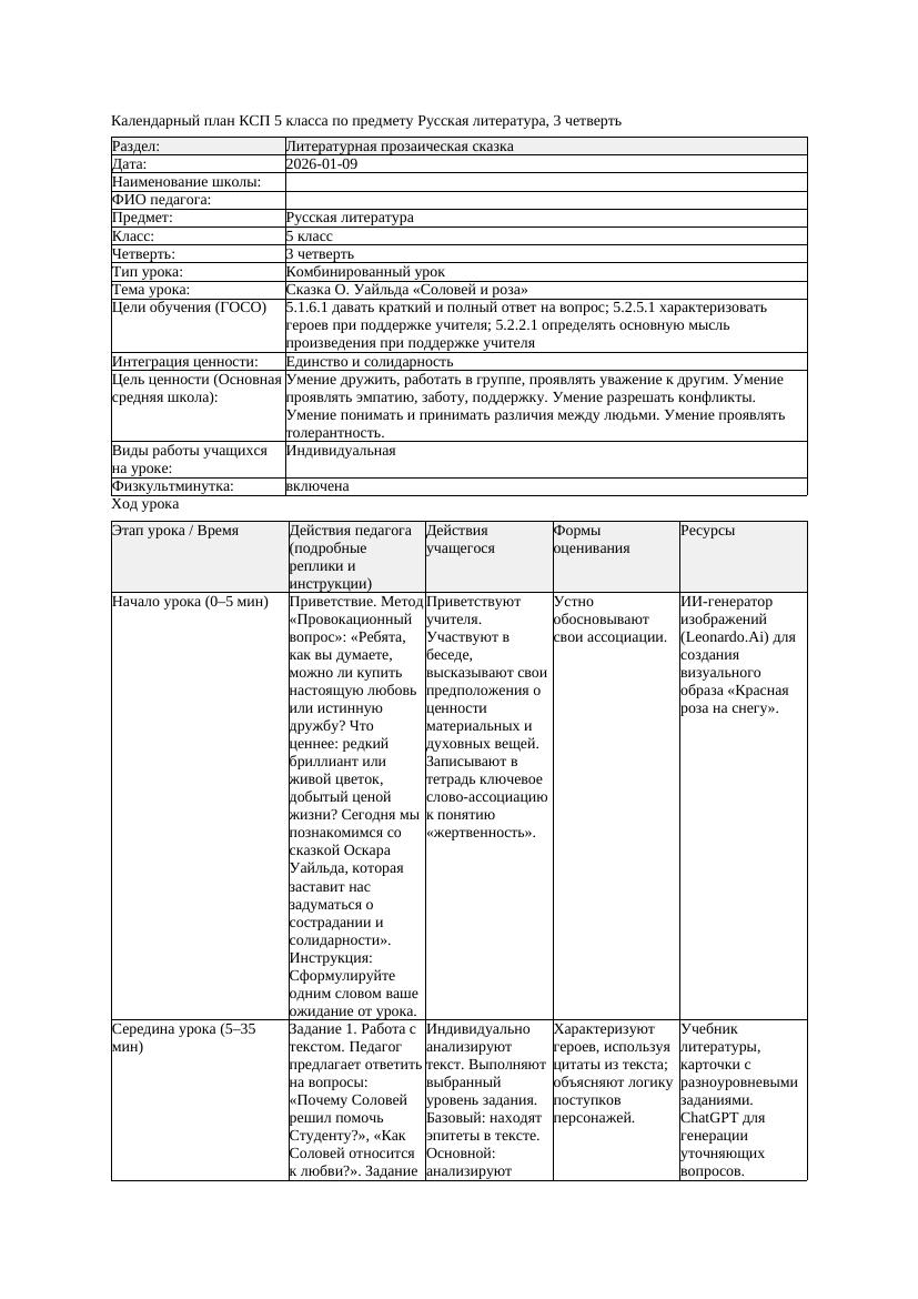 КСП Русская литература 5класс 3четверть Сказка О Уайльда Соловей