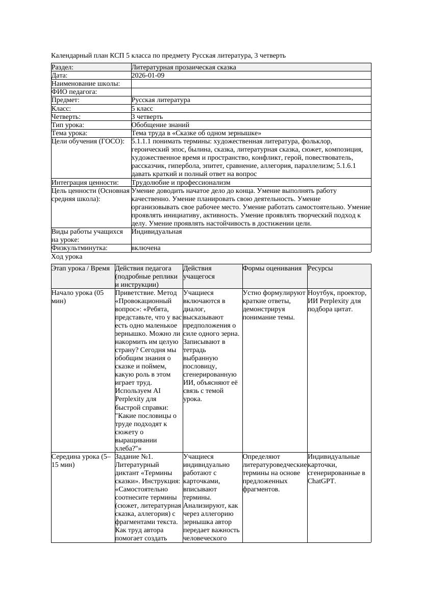 КСП Русская литература 5класс 3четверть Тема труда в Сказке об одном