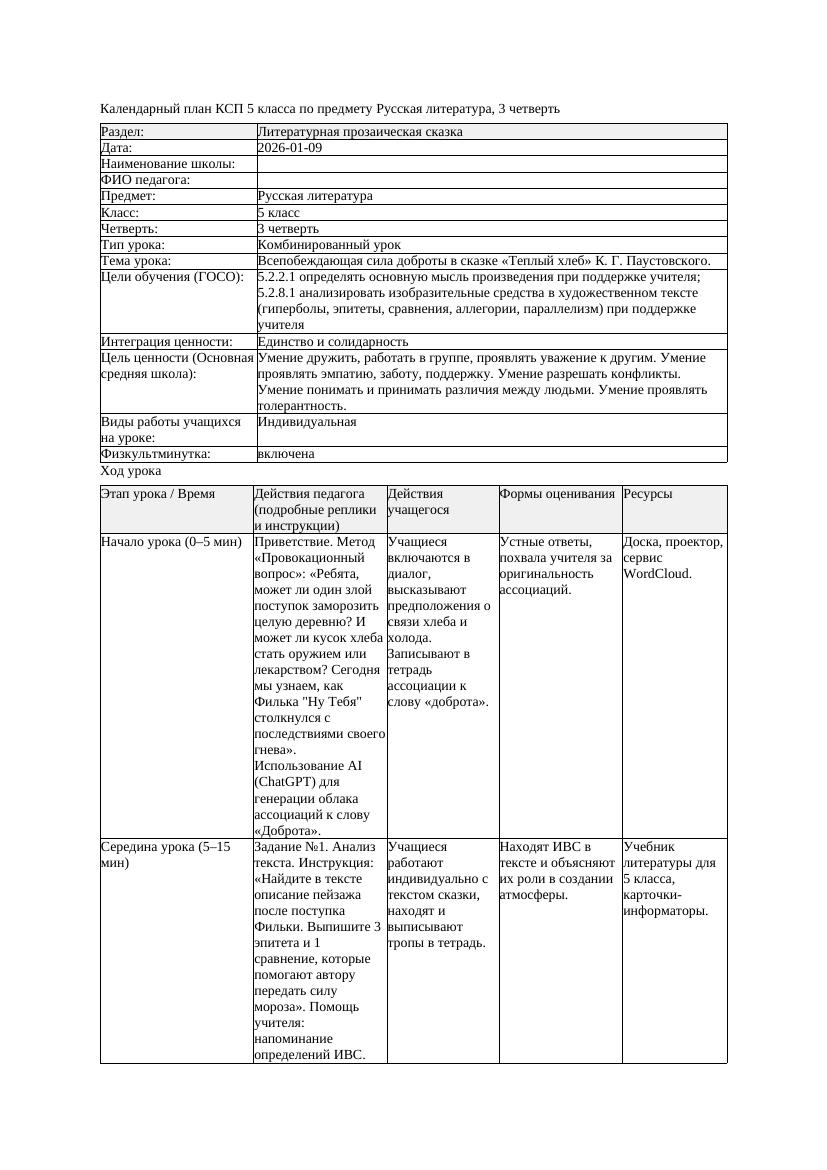 КСП Русская литература 5класс 3четверть Всепобеждающая сила доброты