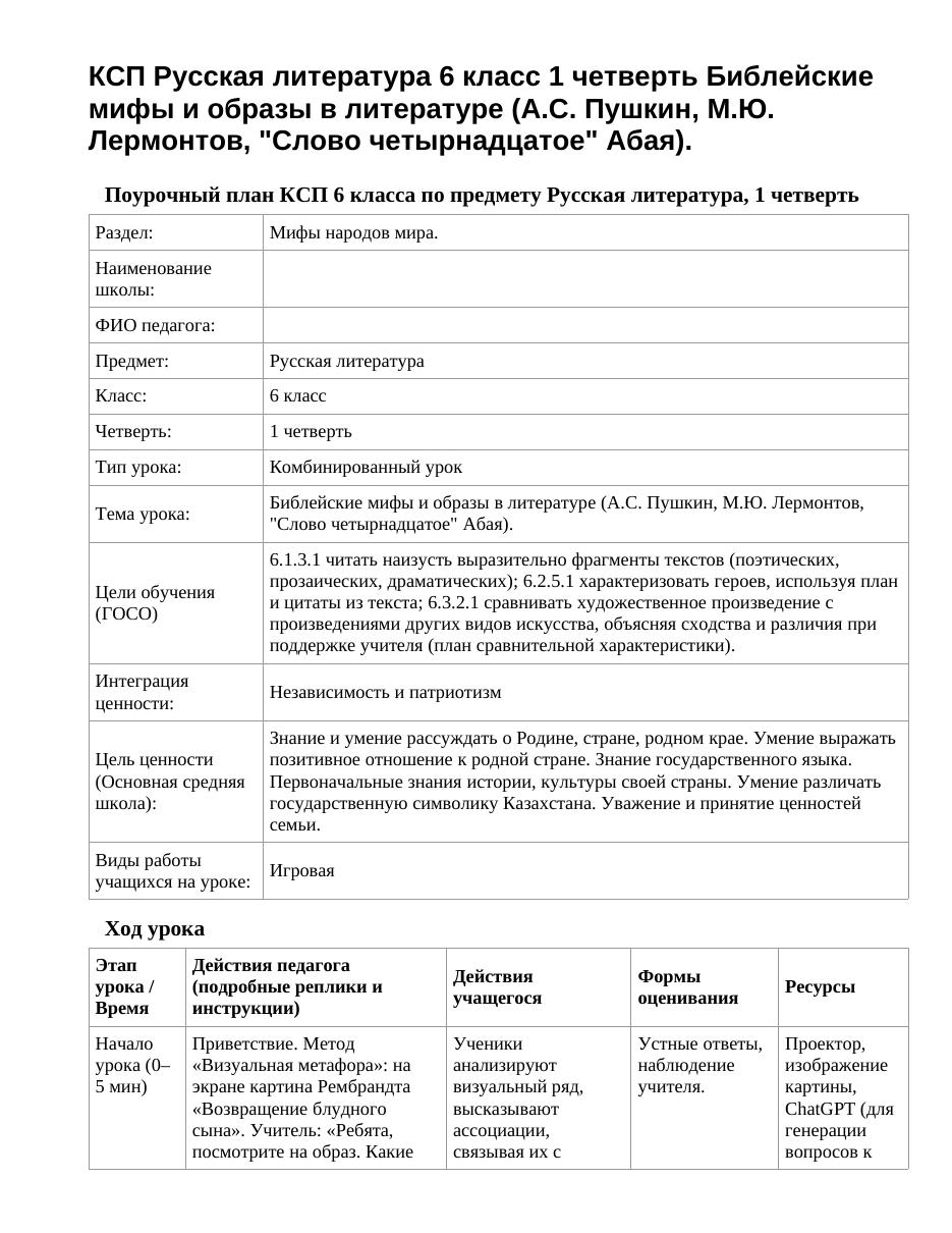 КСП Русская литература 6 класс 1 четверть Библейские мифы и образы в литературе (А.С. Пушкин, М.Ю. Лермонтов, "Слово четырнадцатое" Абая).