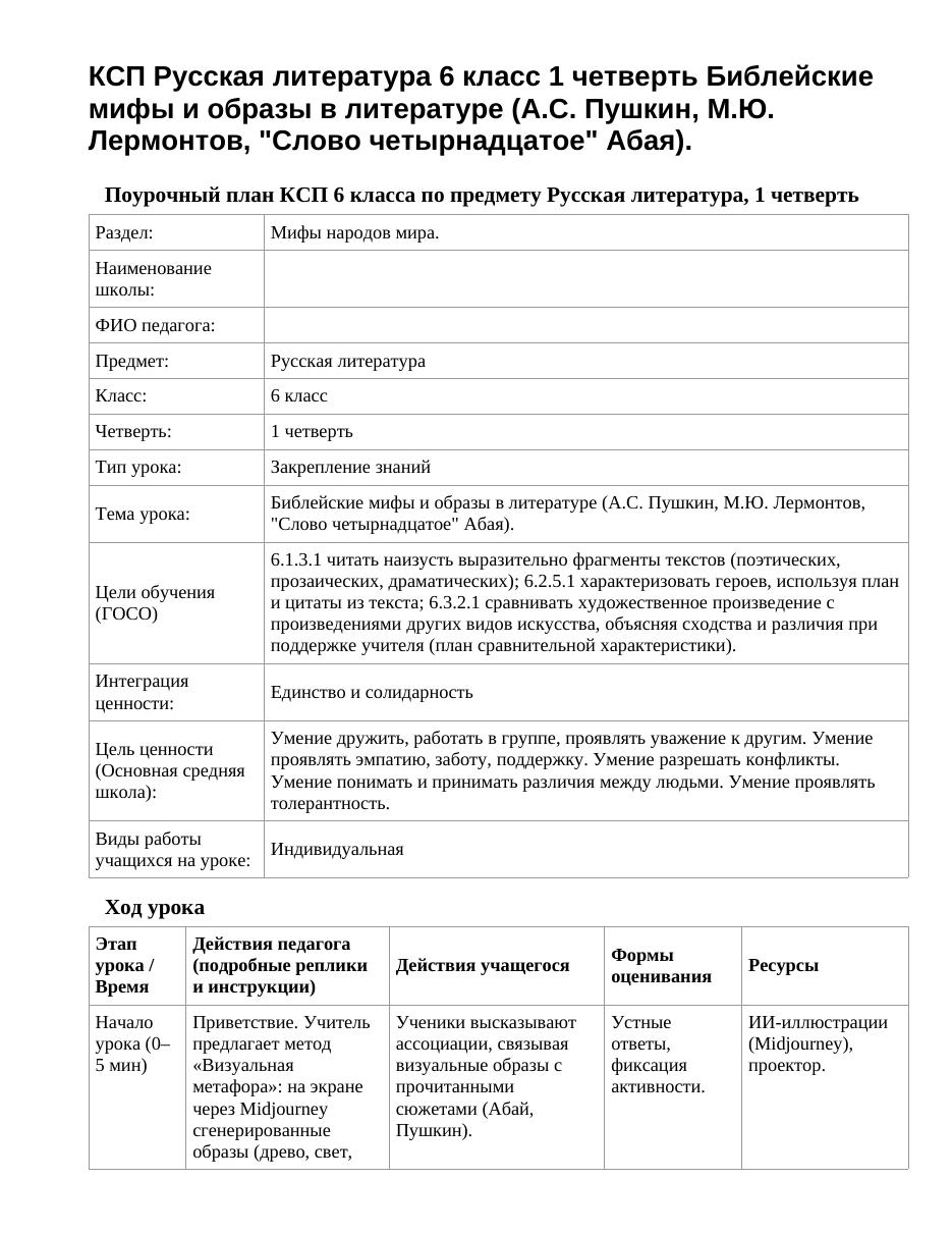 КСП Русская литература 6 класс 1 четверть Библейские мифы и образы в литературе (А.С. Пушкин, М.Ю. Лермонтов, "Слово четырнадцатое" Абая).