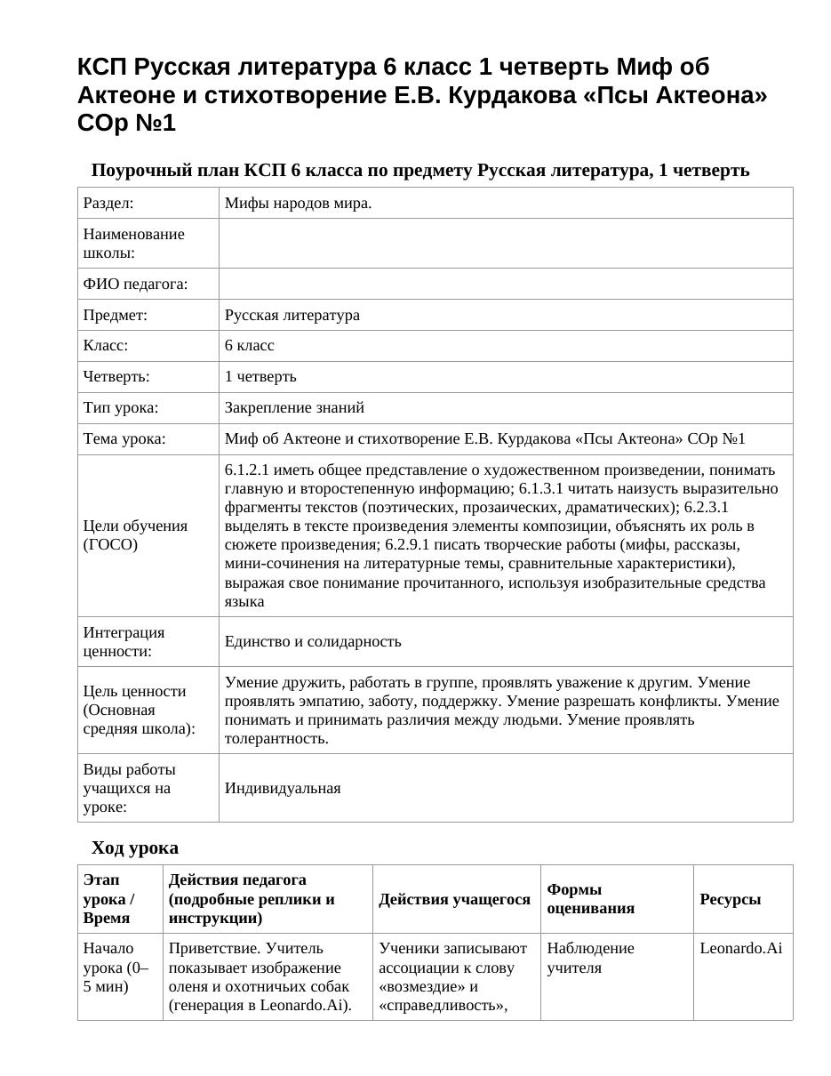 КСП Русская литература 6 класс 1 четверть Миф об Актеоне и стихотворение Е.В. Курдакова «Псы Актеона» СОр №1