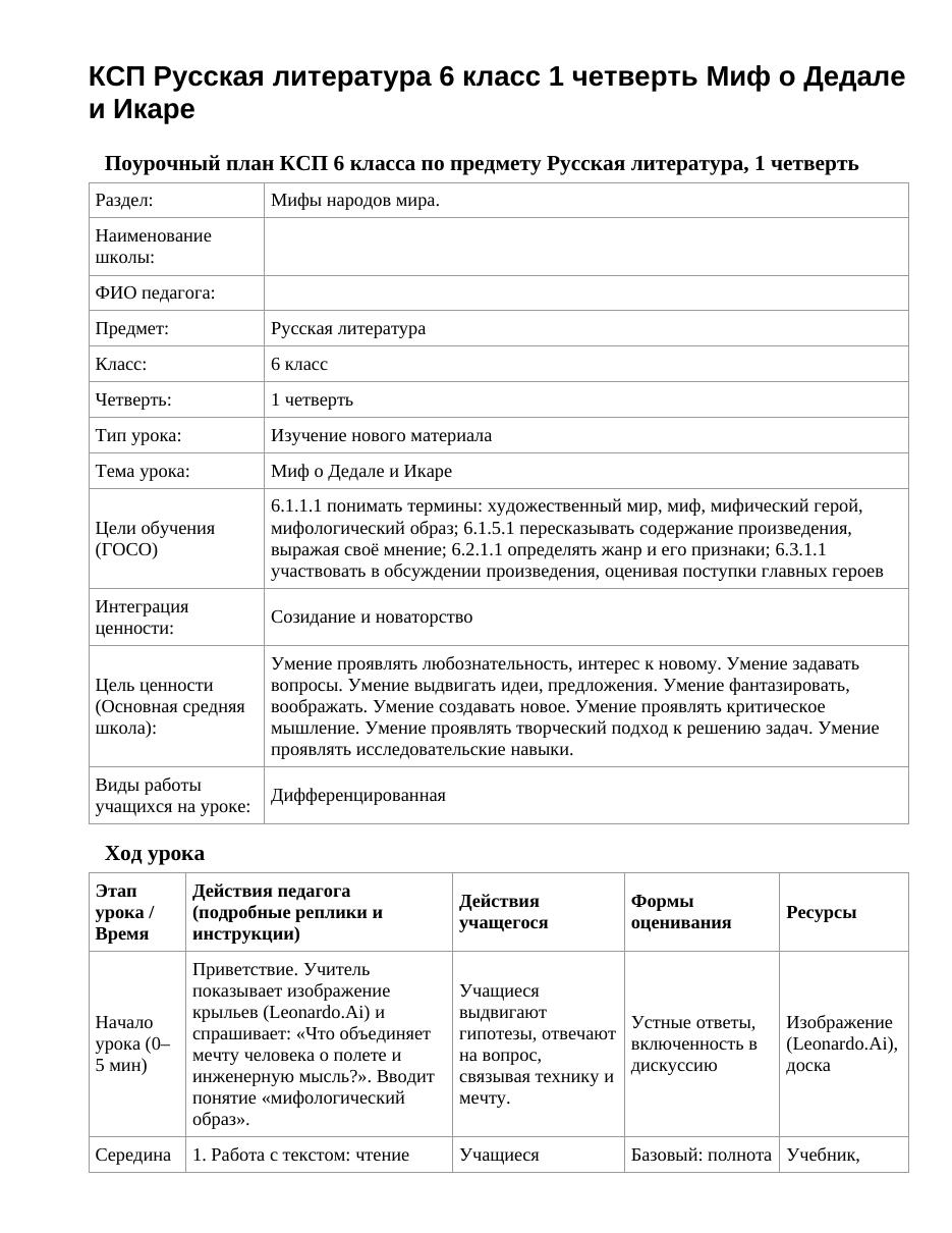 КСП Русская литература 6 класс 1 четверть Миф о Дедале и Икаре