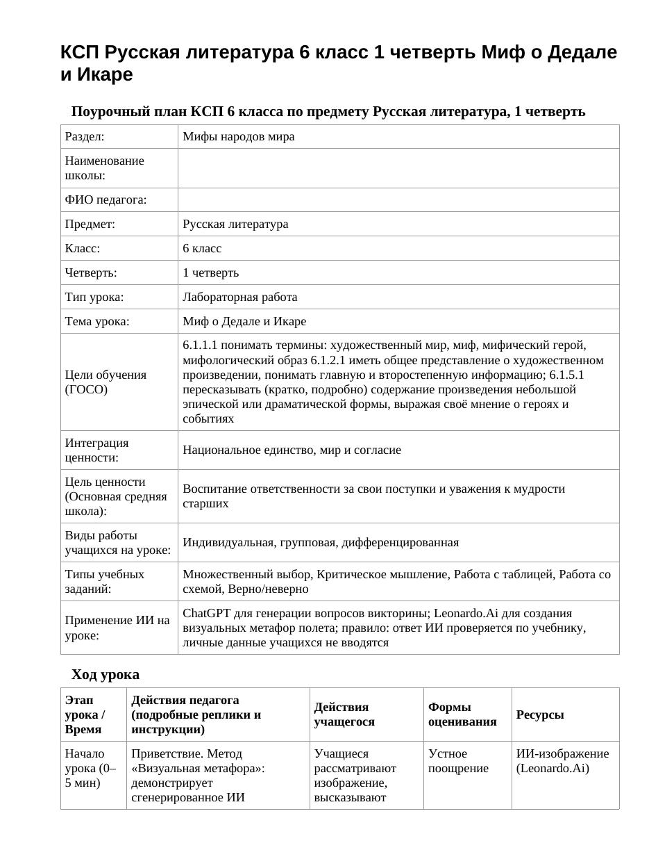 КСП Русская литература 6 класс 1 четверть Миф о Дедале и Икаре