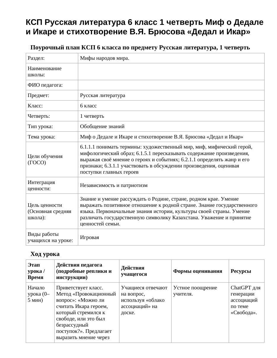 КСП Русская литература 6 класс 1 четверть Миф о Дедале и Икаре и стихотворение В.Я. Брюсова «Дедал и Икар»