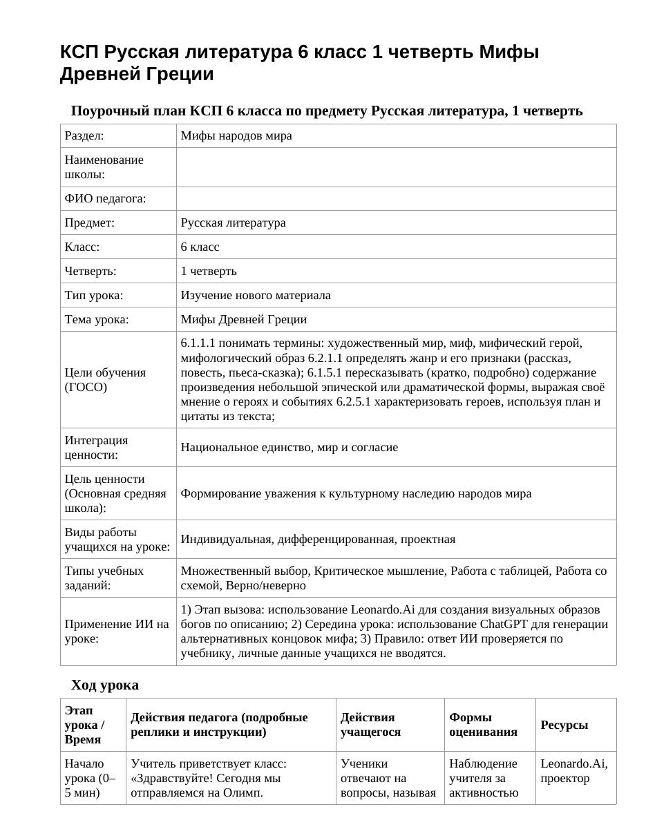КСП Русская литература 6 класс 1 четверть Мифы Древней Греции