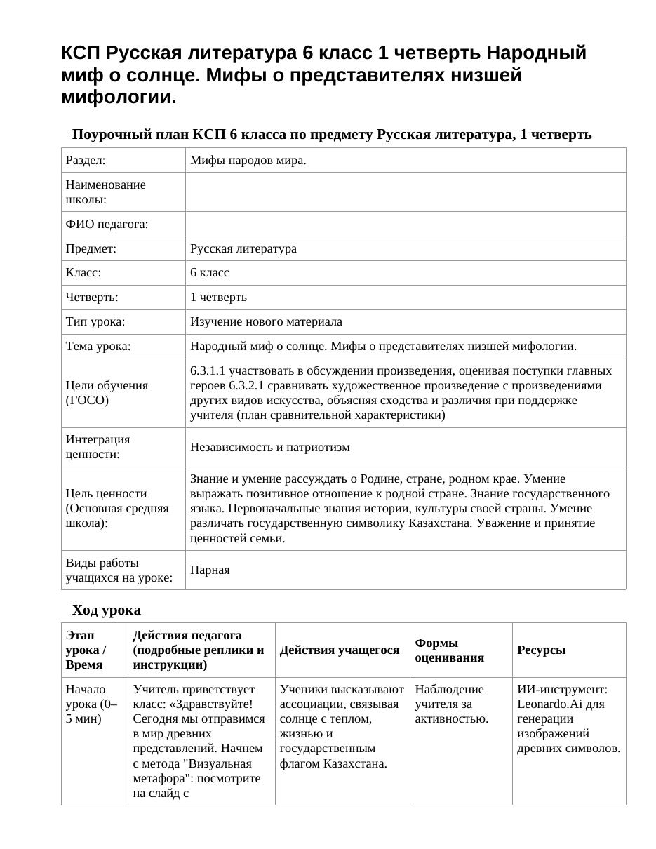 КСП Русская литература 6 класс 1 четверть Народный миф о солнце. Мифы о представителях низшей мифологии.