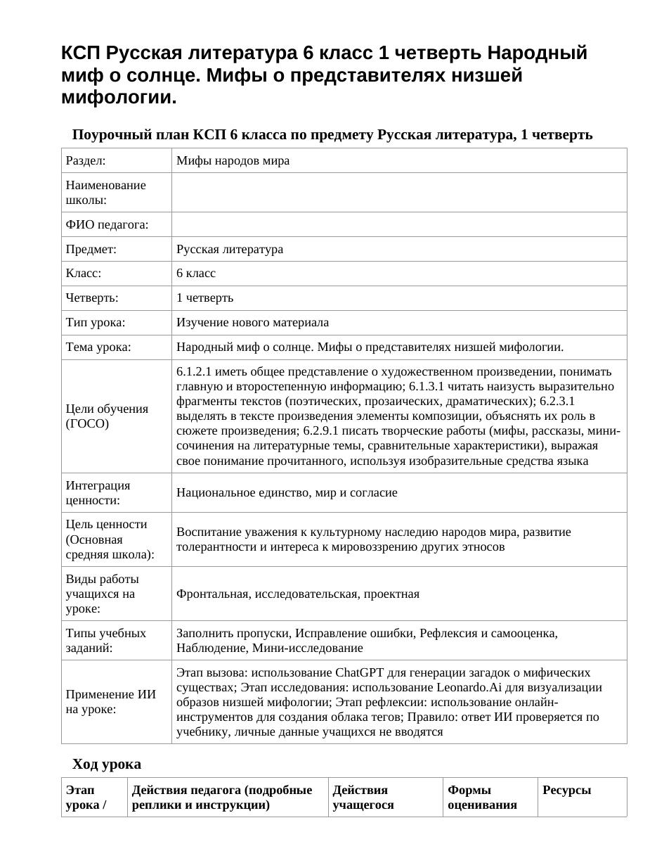 КСП Русская литература 6 класс 1 четверть Народный миф о солнце. Мифы о представителях низшей мифологии.