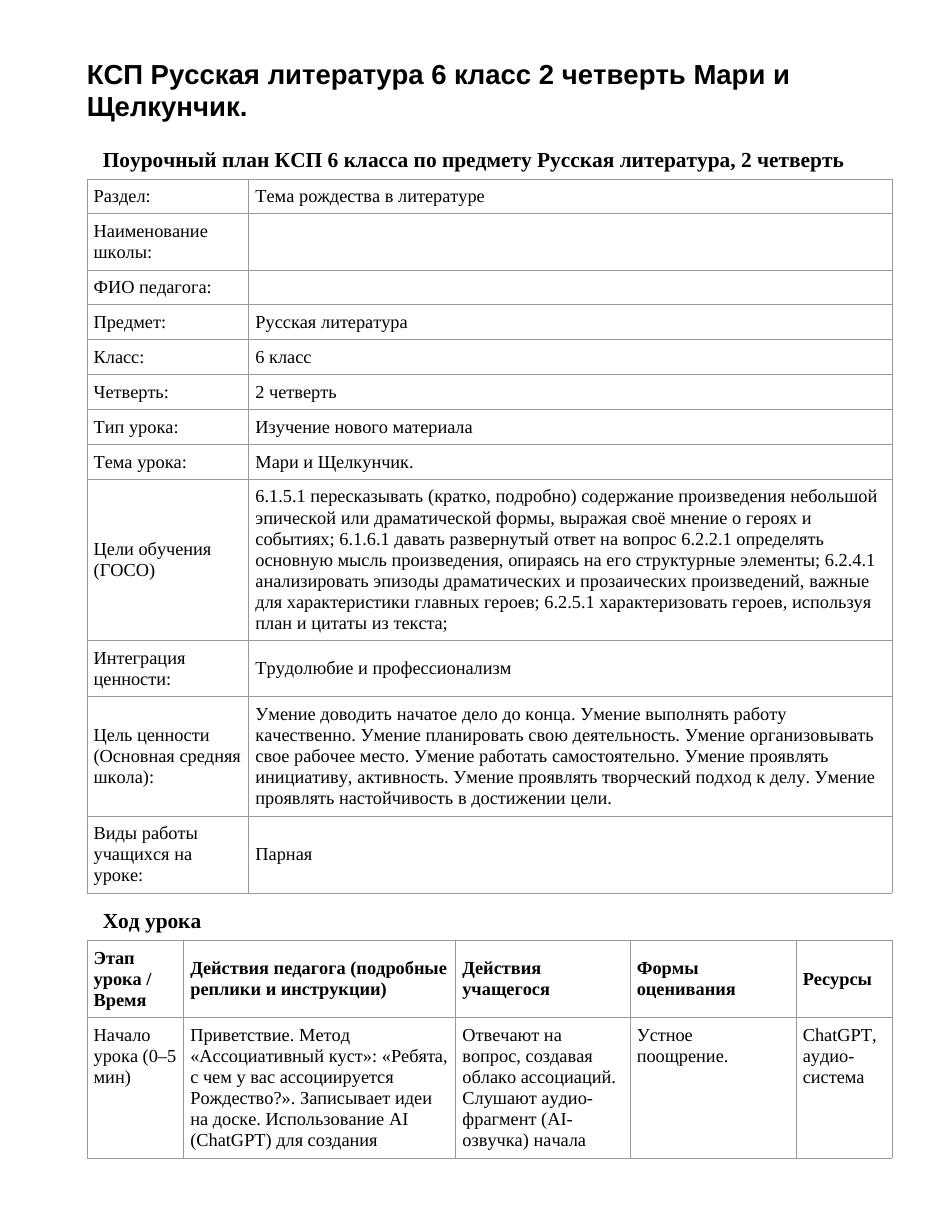 КСП Русская литература 6 класс 2 четверть Мари и Щелкунчик.