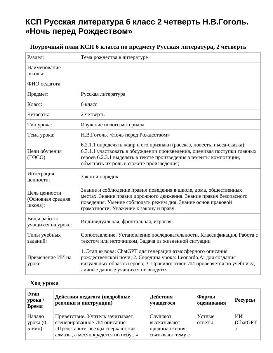 КСП Русская литература 6 класс 2 четверть Н.В.Гоголь. «Ночь перед Рождеством»