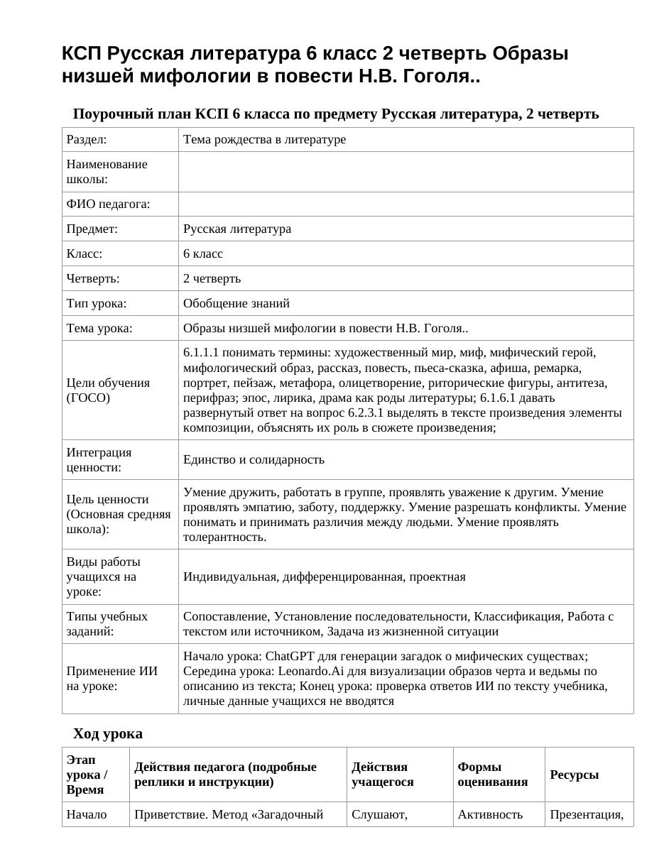 КСП Русская литература 6 класс 2 четверть Образы низшей мифологии в повести Н.В. Гоголя..