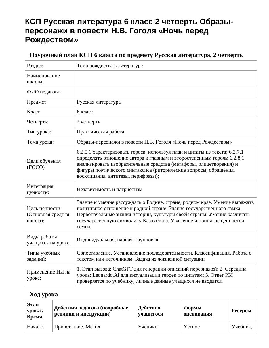 КСП Русская литература 6 класс 2 четверть Образы-персонажи в повести Н.В. Гоголя «Ночь перед Рождеством»