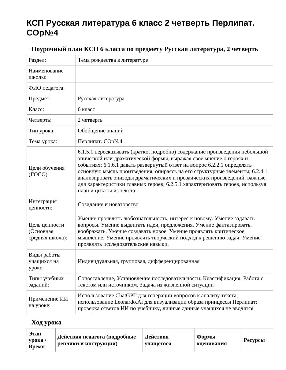 КСП Русская литература 6 класс 2 четверть Перлипат. СОр№4