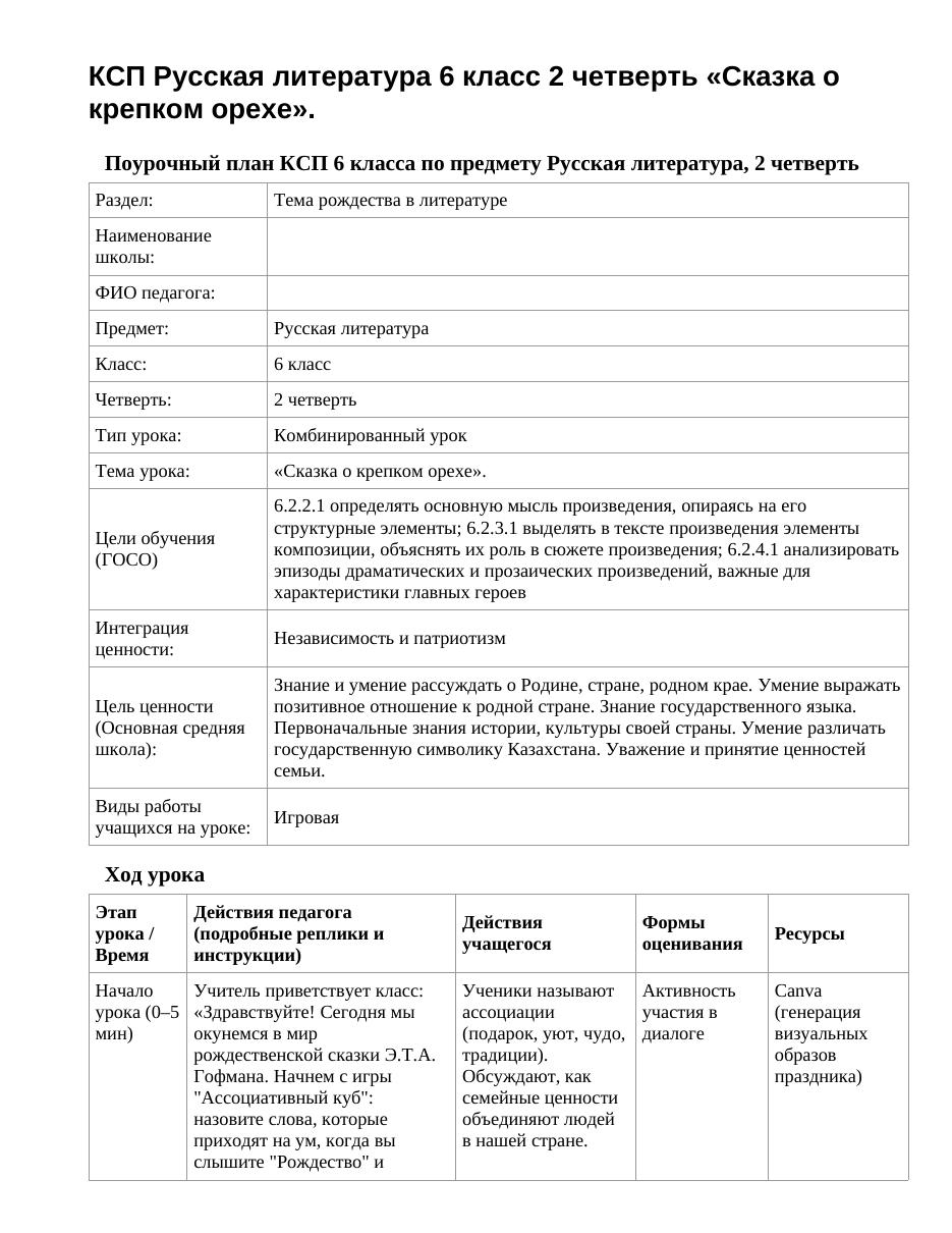 КСП Русская литература 6 класс 2 четверть «Сказка о крепком орехе».
