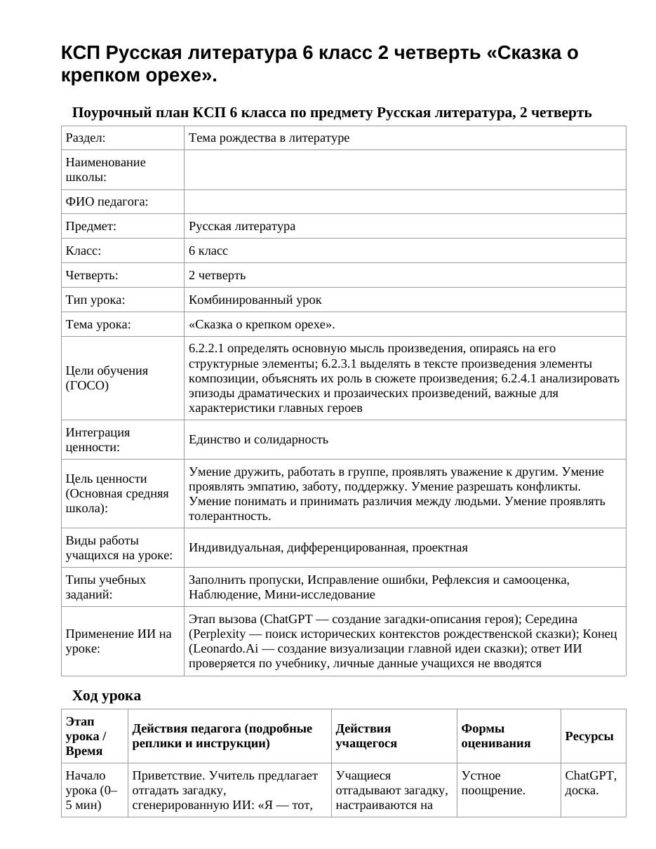 КСП Русская литература 6 класс 2 четверть «Сказка о крепком орехе».