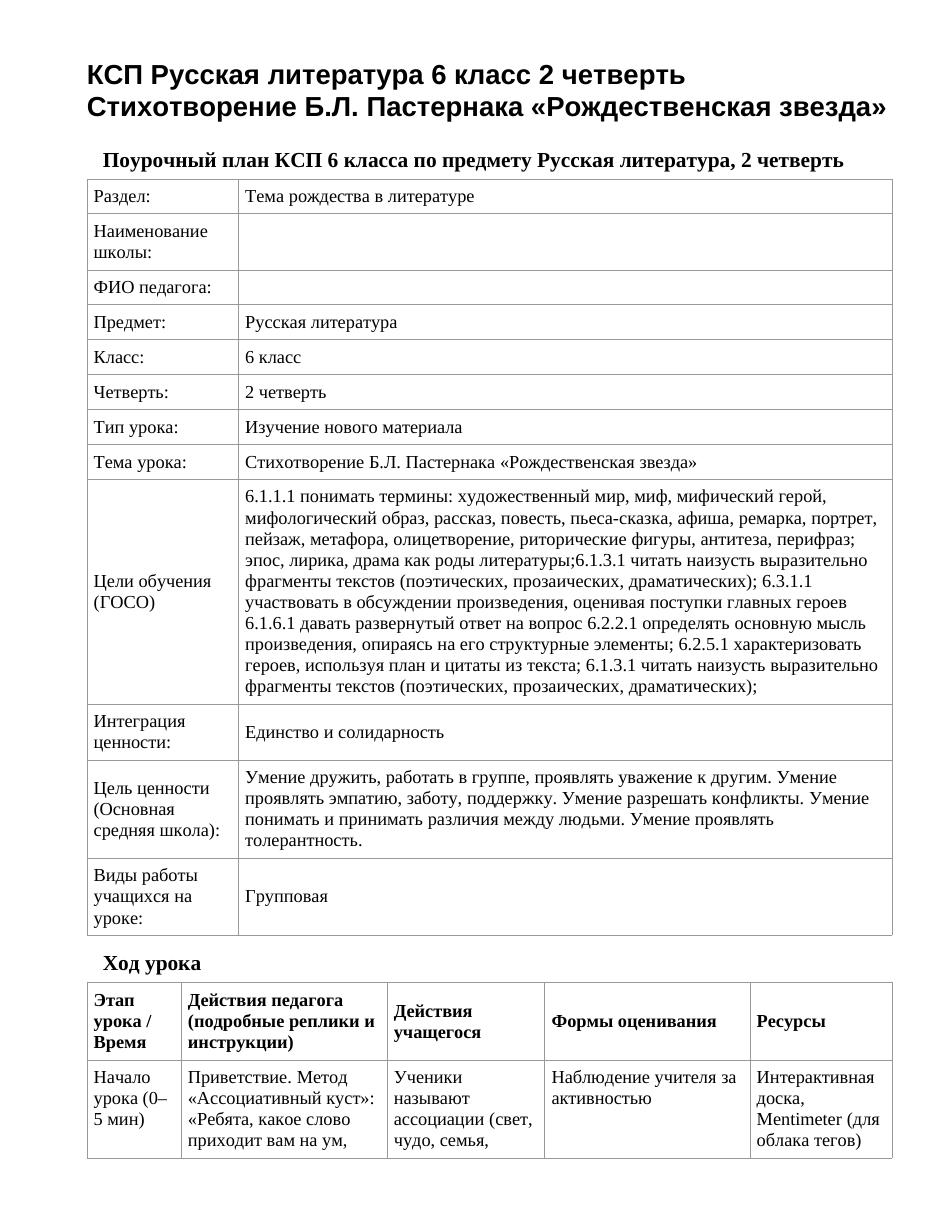 КСП Русская литература 6 класс 2 четверть Стихотворение Б.Л. Пастернака «Рождественская звезда»